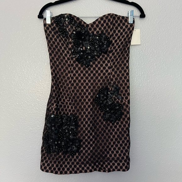 French Connection Strapless Black Beaded Sequin Lace Mini Dress